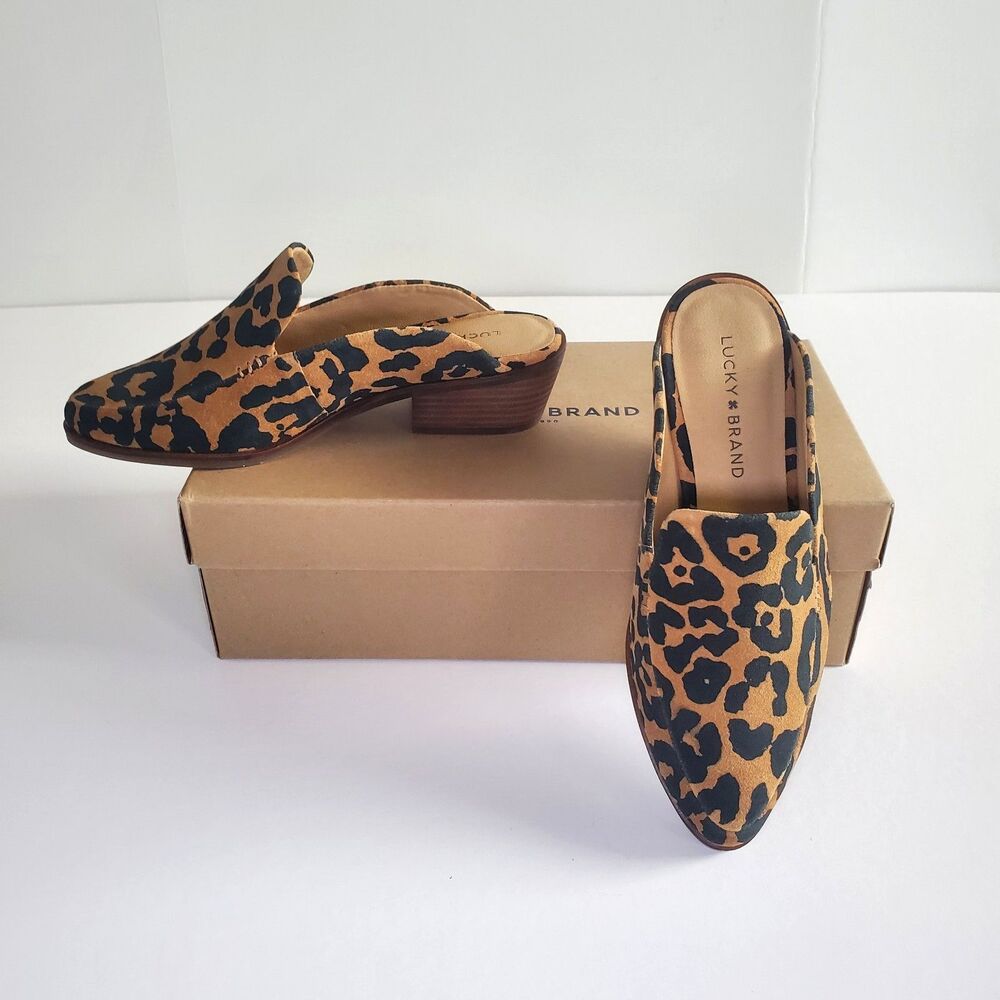 NEW Lucky Brand Women’s Mules 7 Leopard Print Block Heel Slip-On Shoes Open Back